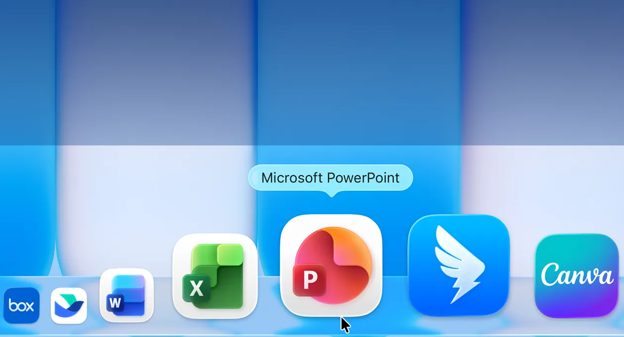 macOS 桌面，屏幕显示程序坞，包含多款常用 app，其中有一款 app 突出显示。