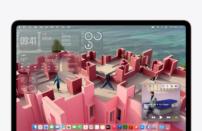 MacBook Neo 屏幕画面，显示自定义的海滨屋顶露台桌面背景，以及音乐、日历、天气和提醒事项等各种小组件。