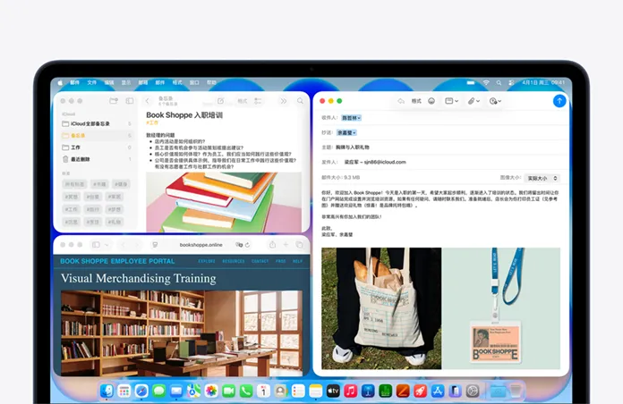 靛蓝色 MacBook Neo，左边的平铺窗口为关于 Book Shoppe 入职培训的备忘录文档，以及 Safari 浏览器中的 Book Shoppe 员工门户网站，右边是一封欢迎新员工入职 Book Shoppe 的电子邮件。