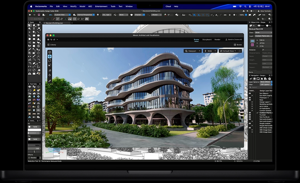 MacBook Pro 屏幕展示 Vectorworks Design Suite 和 Maxon Redshift。
