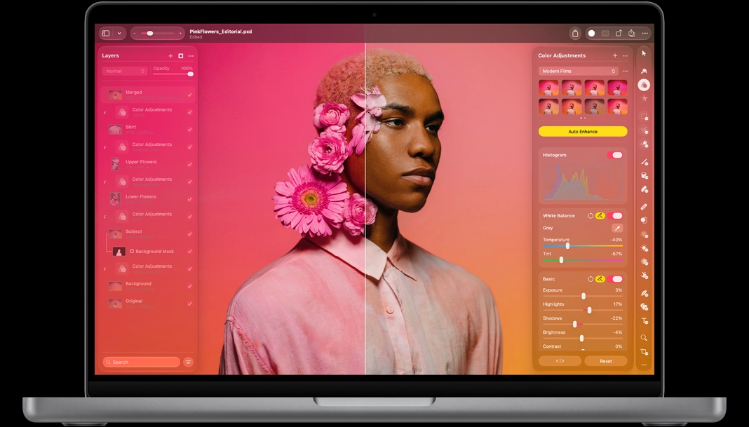 屏幕显示 Pixelmator Pro，以分屏形式展示一张人像照经处理前后效果的对比。画面中的人物头上饰有几个粉色花朵，左侧为鲜艳的粉红色调，右侧则采用中性色调；屏幕左侧为图层面板，右侧为色彩调整面板。