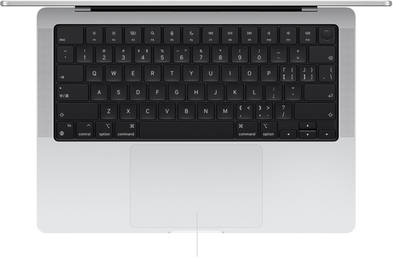 呈打开状态的 14 英寸 MacBook Pro 的俯视图，展示位于键盘下方的力度触控板