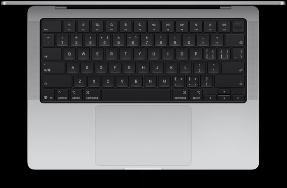 上盖开启的 14 英寸 MacBook Pro 的俯视图，展示位于键盘下方的力度触控板。