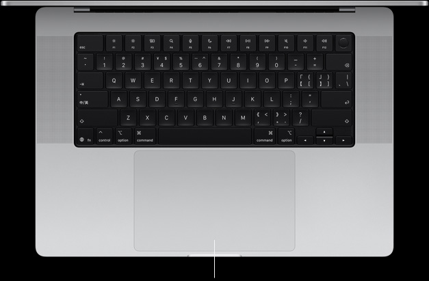 呈打开状态的 16 英寸 MacBook Pro 的俯视图，展示位于键盘下方的力度触控板。