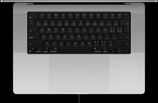 上盖开启的 16 英寸 MacBook Pro 的俯视图，展示位于键盘下方的力度触控板。