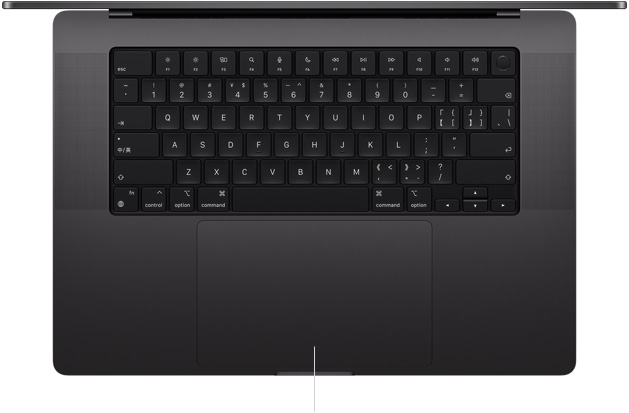 呈打开状态的 16 英寸 MacBook Pro 的俯视图，展示位于键盘下方的力度触控板