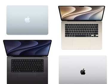 四台不同机型、尺寸和颜色的 Mac 电脑，展现丰富的定制选项。
