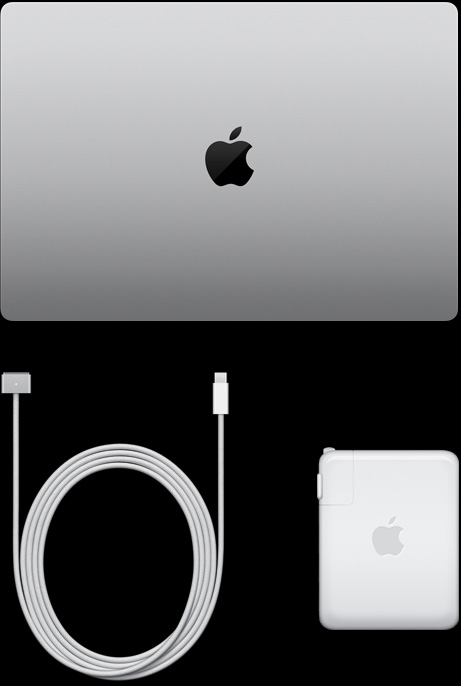 呈闭合状态的银色 MacBook Pro 的俯视图，旁边摆放着充电线和电源适配器。