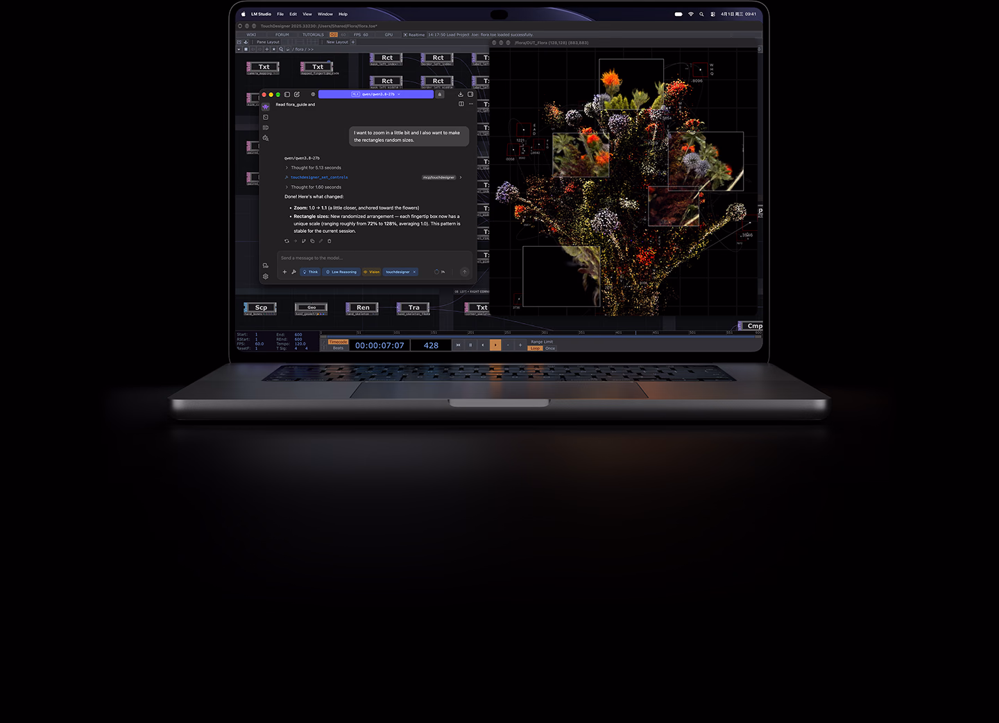 16 英寸配备 PROLED XDR 显示屏的 MacBook Pro，银色外观，屏幕显示使用一款视觉创意编程软件和一款本地大模型部署工具创建图像。
