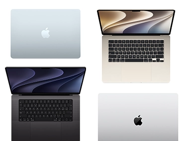 四台不同机型、尺寸和颜色的 MacBook，展示丰富的定制选项。
