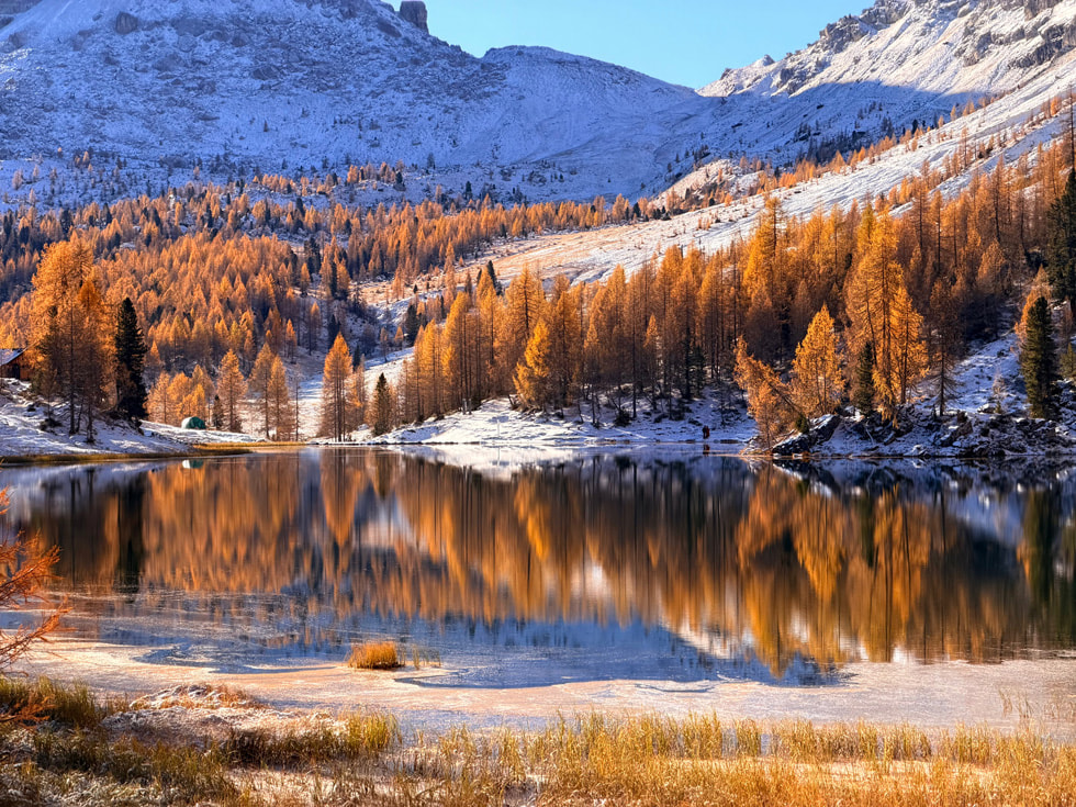 在一片宁静的山间湖泊，湖面如镜般平静清澈，完美映照着金黄色的树木与覆盖着薄雪的山坡相互辉映，共同托举起远处巍峨的雪山。这份秋日色彩与冬日纯白的交融，在湖水中得到了极致的复制。由摄影师羽尘用 iPhone 17 Pro Max 拍摄。