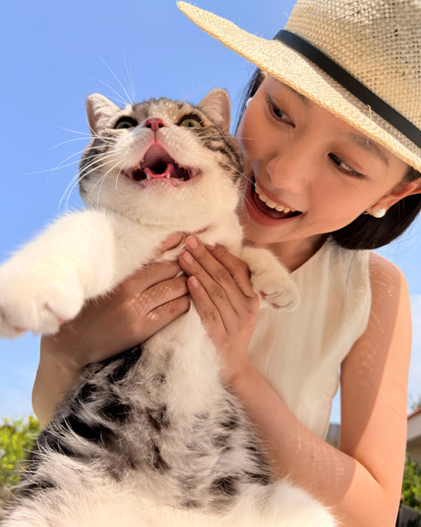 猫咪被主人拥在怀中轻轻举起，试图从草帽的阴凉下抓住金色的阳光。张开的爪子与咧开的嘴巴定格下它与主人玩耍时充满动感的瞬间。由摄影师王鹏鹏用 iPhone 17 Pro Max 拍摄。