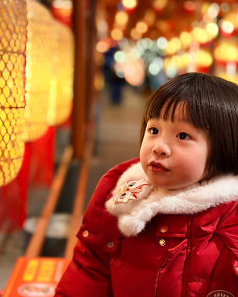 盛开的花朵、街边的糖葫芦以及灯笼映照下的小朋友构成三种不同的新春场景。色彩鲜艳的节日元素在光影中呈现。图一由李文超用 iPhone 17 拍摄；图二由张敬宜用 iPhone 17 Pro Max 拍摄；图三由李硕用 iPhone 17 Pro Max 拍摄。