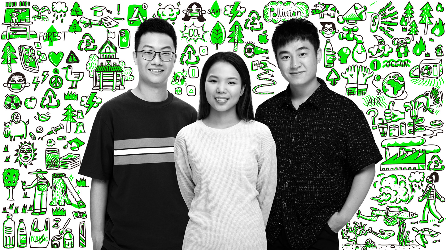 往届和今年的中国绿色创新夏季学院项目毕业生（从左至右）谭健辉、石兰香和田育青将他们在这个项目中学到的创新、合作与刻苦的精神带回到他们的日常生活与职业发展中。 