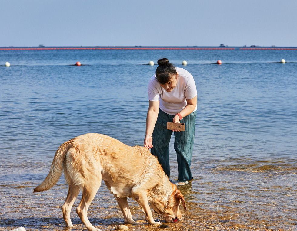 周彤使用 iPhone 拍摄她的导盲犬在海边玩耍。