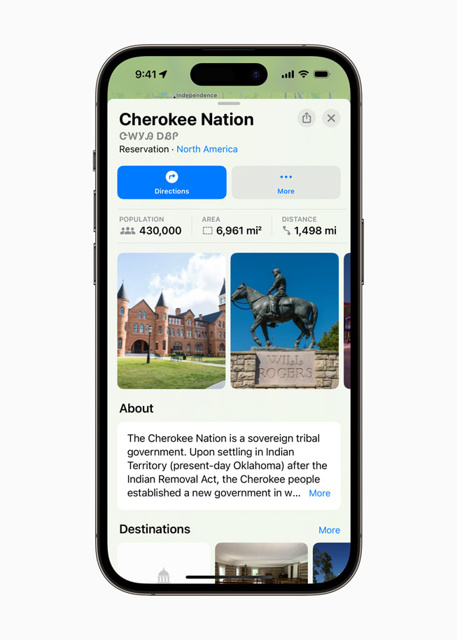Apple 地图 app 截图显示切罗基民族的详情。
