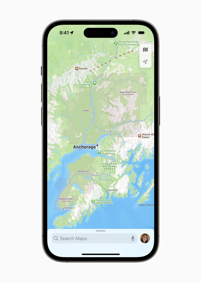 Apple 地图 app 截图显示阿拉斯加州的 Anchorage。