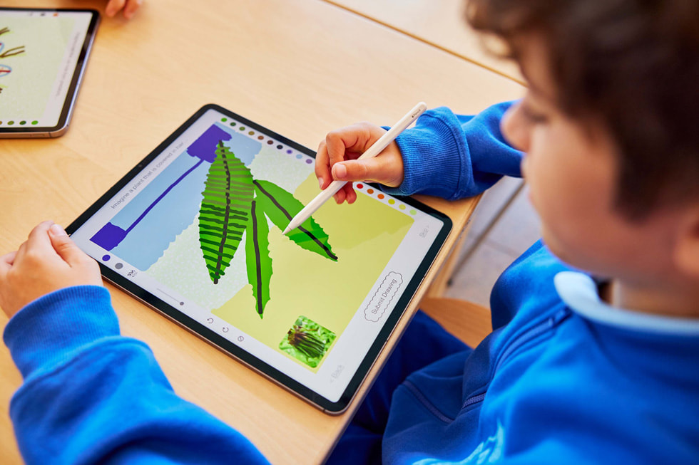 一名学生使用 iPad Pro 和 Apple Pencil 在 Deep Field app 中绘制绿色树叶。