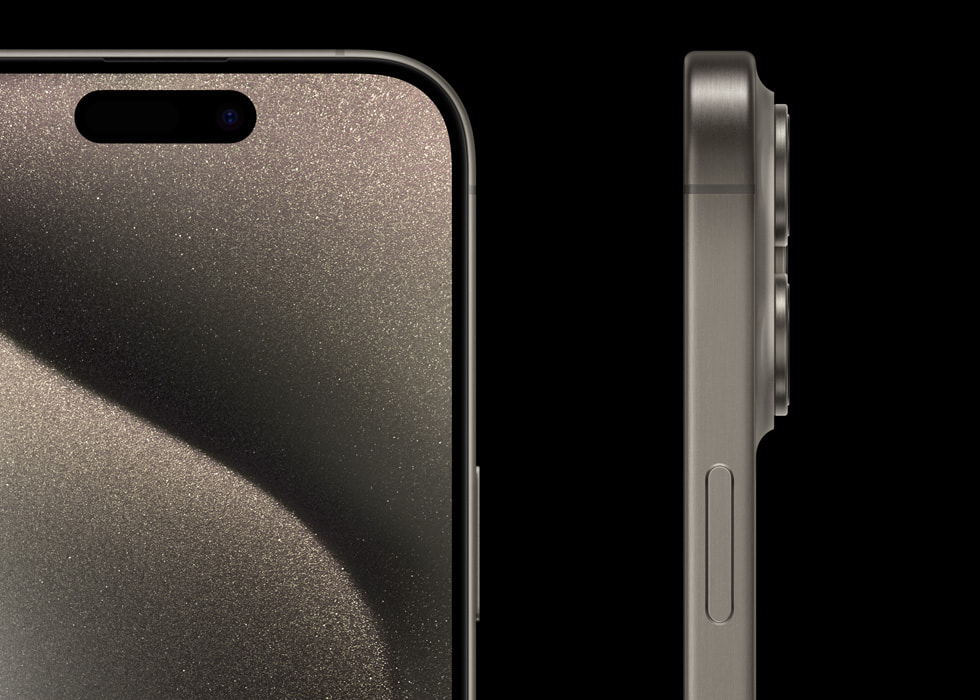 iPhone 15 Pro 超瓷晶面板、超窄边框、弧形边沿的特写照片。 