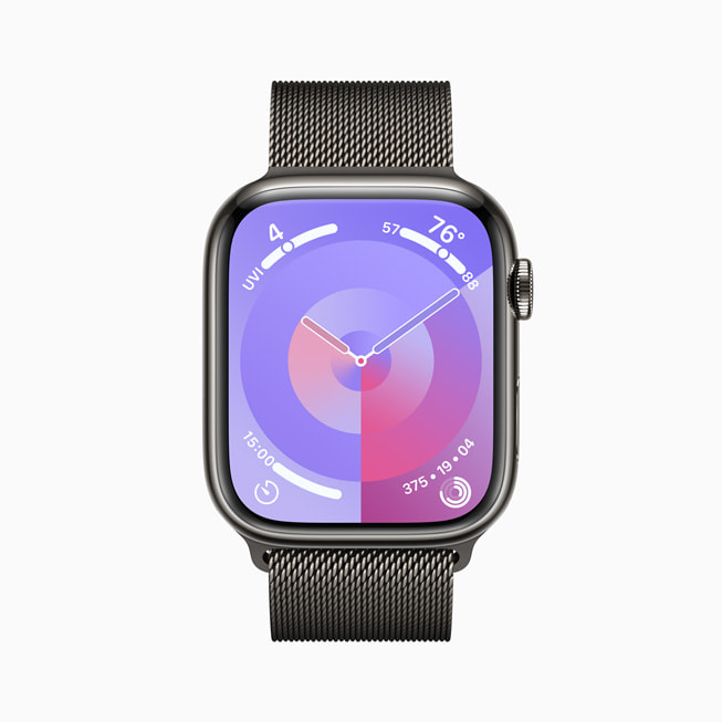 搭配米兰尼斯表带的 Apple Watch Series 9 展示全新调色盘表盘。