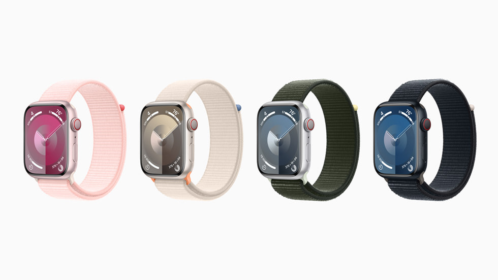 白色背景上的 4 支碳中和 Apple Watch Series 9 设备。