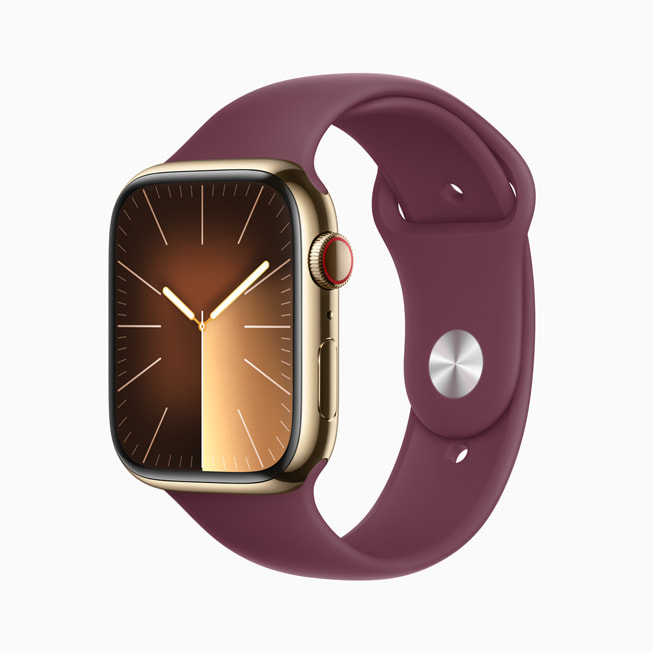 搭配紫色运动表带、金色不锈钢表壳的 Apple Watch Series 9。