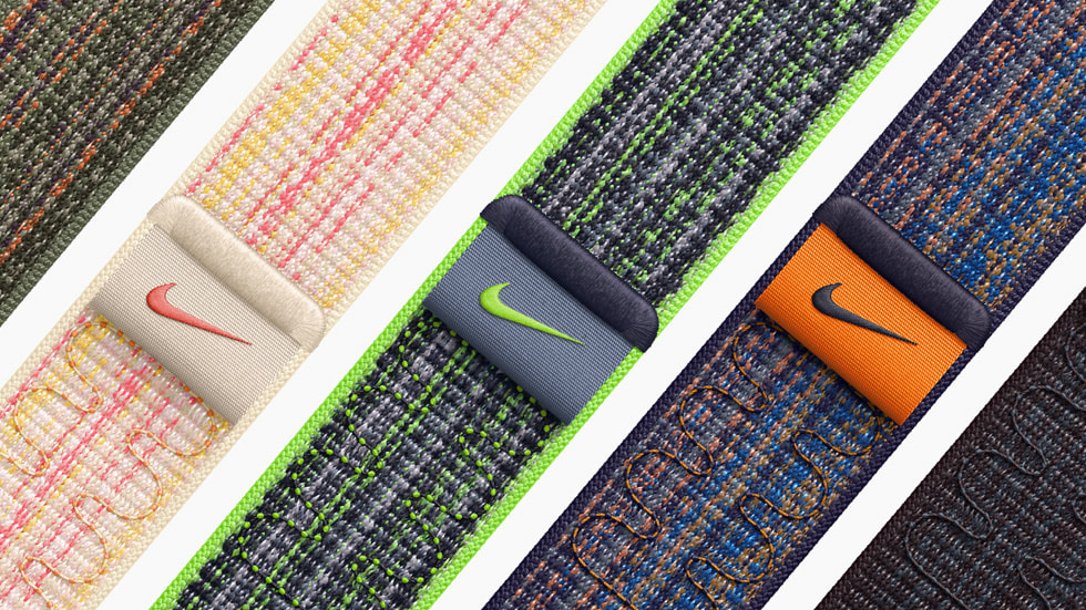 五种配色的新款 Nike 回环式运动表带的特写。