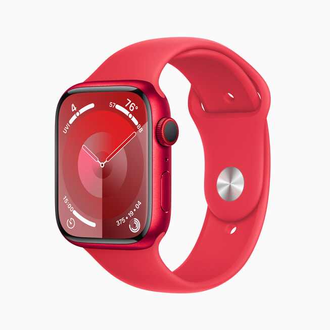 搭配红色运动表带、红色铝金属表壳的 Apple Watch Series 9。