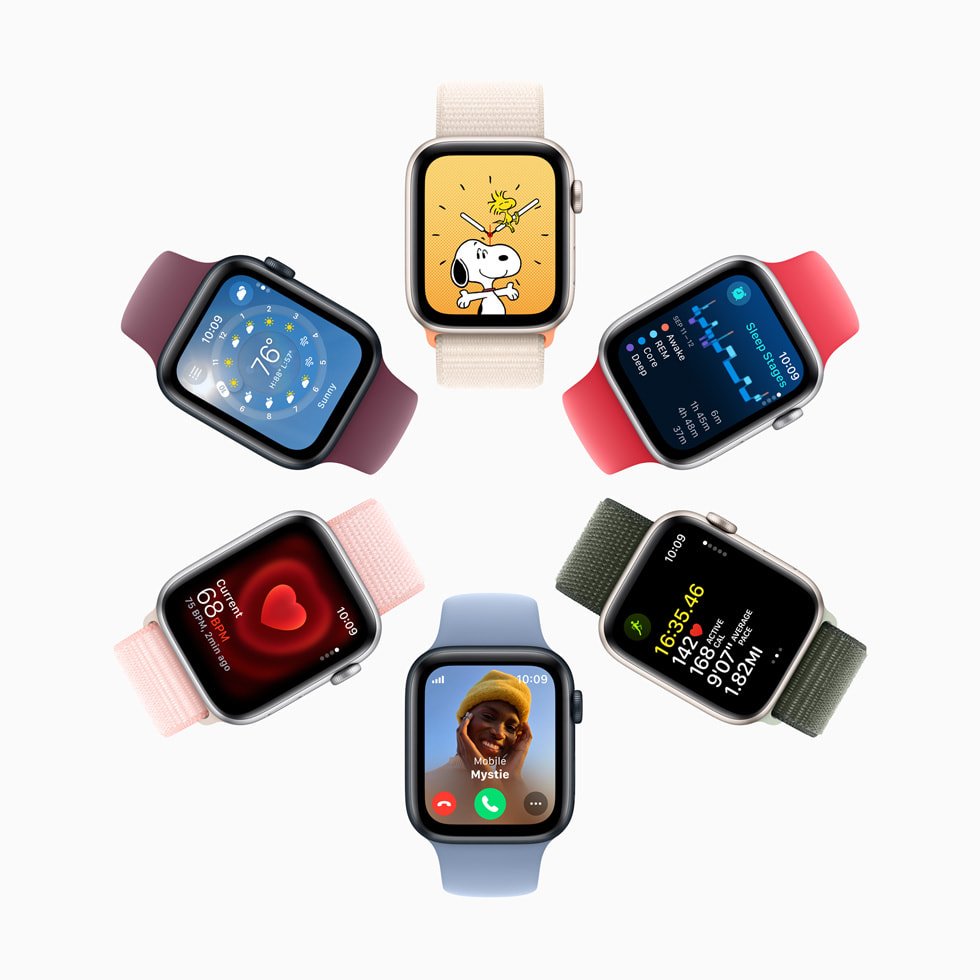 配有不同颜色表达的多支 Apple Watch SE 表款展示全新史努比表盘、天气 app、睡眠阶段、正在进行的体能训练、朋友来电和用户心率数据等 6 个界面。