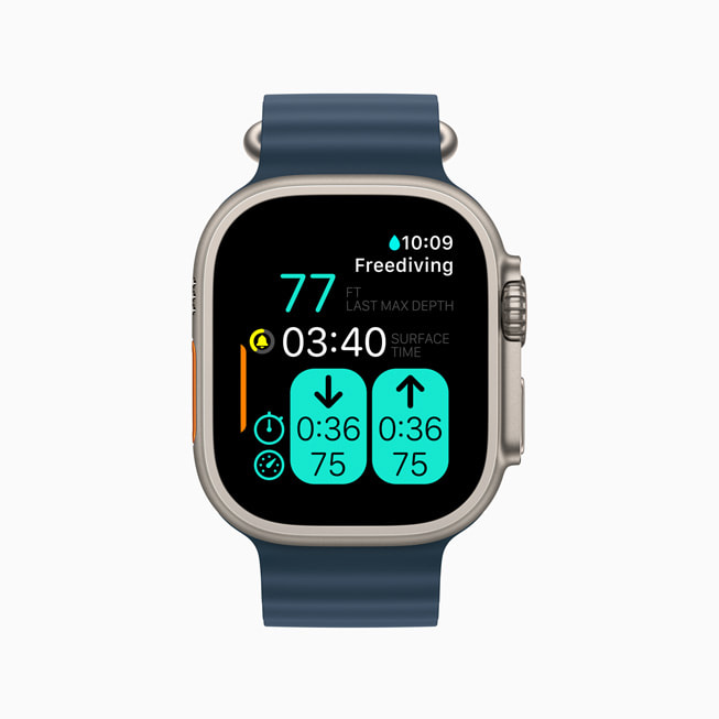 Apple Watch Ultra 显示用户的自由潜水统计数据。