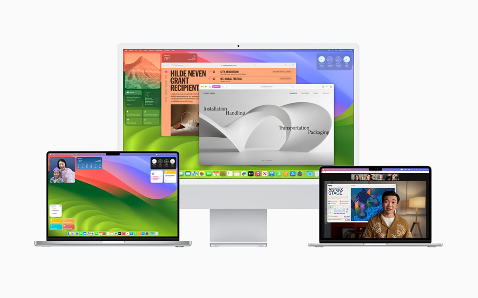 MacBook Pro、27 英寸 iMac 和 MacBook Air 上显示的 macOS Sonoma。