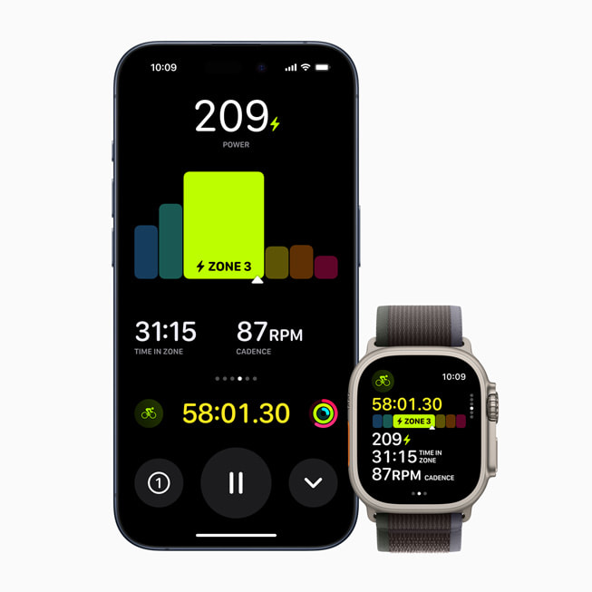 iPhone 15 Pro 和 Apple Watch Ultra 展示功率区间视图，包括总训练时间、当前区间、区间用时和踏频。