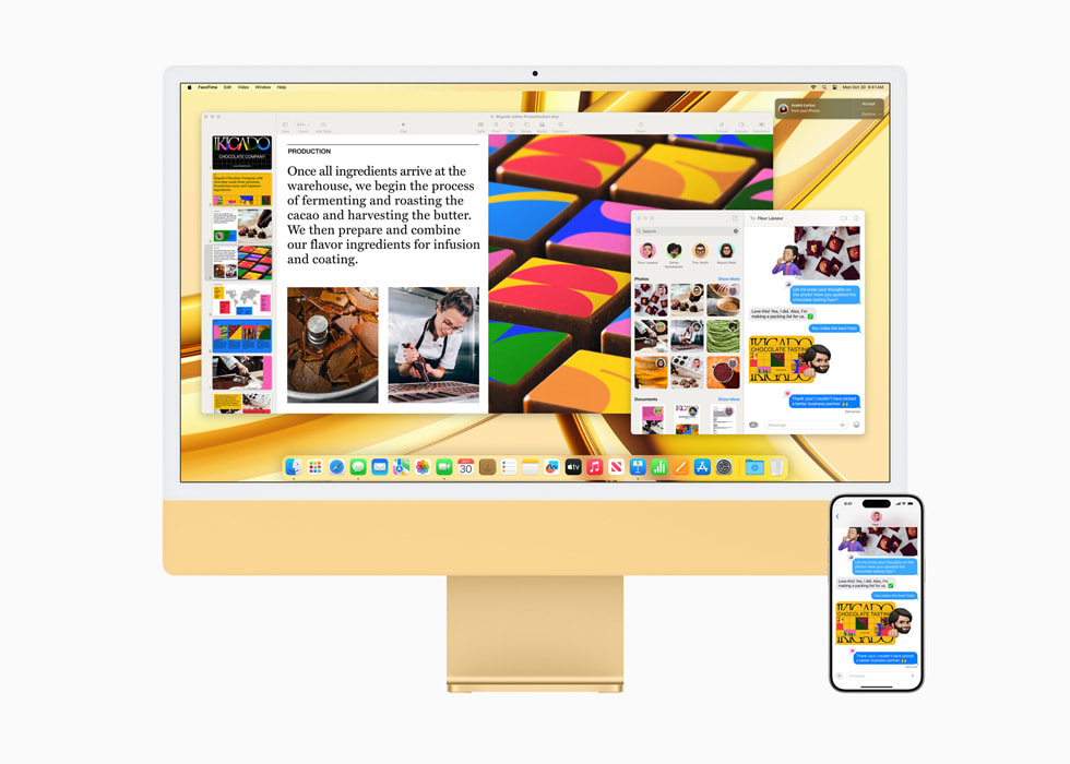 图中是连续互通功能的画面，显示在搭载 M3 芯片的黄色新款 iMac 的显示屏上，旁边还摆放着一台 iPhone 15 Pro。