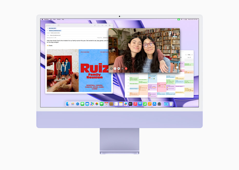 图中是 FaceTime 通话 app、日历 app 和邮件 app 的画面，显示在搭载 M3 芯片的紫色新款 iMac 的显示屏上。