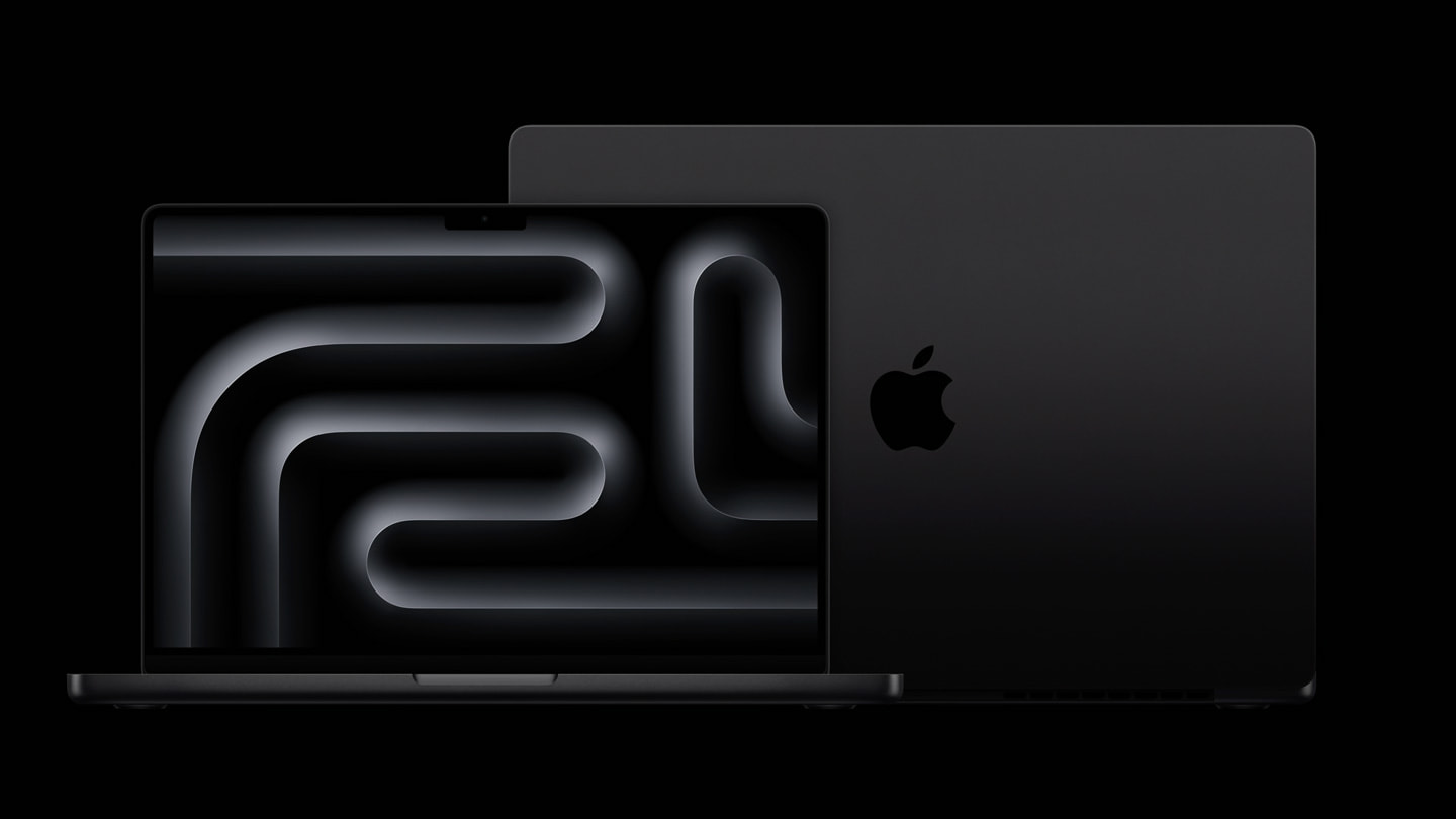 黑色背景上展示两台 MacBook Pro 设备，分别以正面和背面展示。