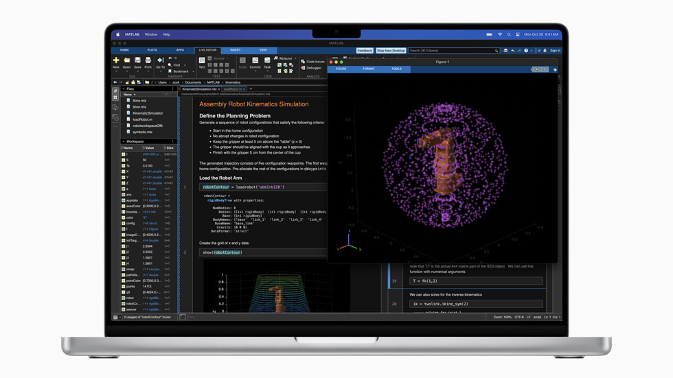 搭载 M3 Max 芯片的新款 MacBook Pro 正在处理 MathWorks MATLAB 工作流。