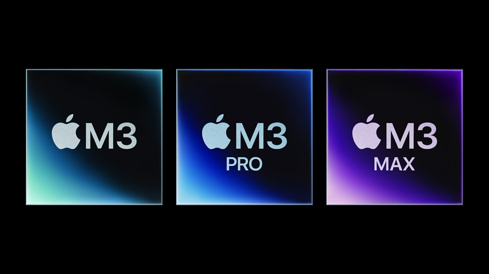 三个正方形图案，分别代表 M3、M3 Pro 和 M3 Max 芯片。
