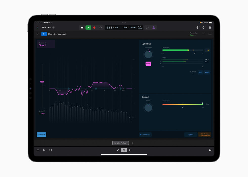 iPad 版 Logic Pro 中的 Mastering Assistant 功能。
