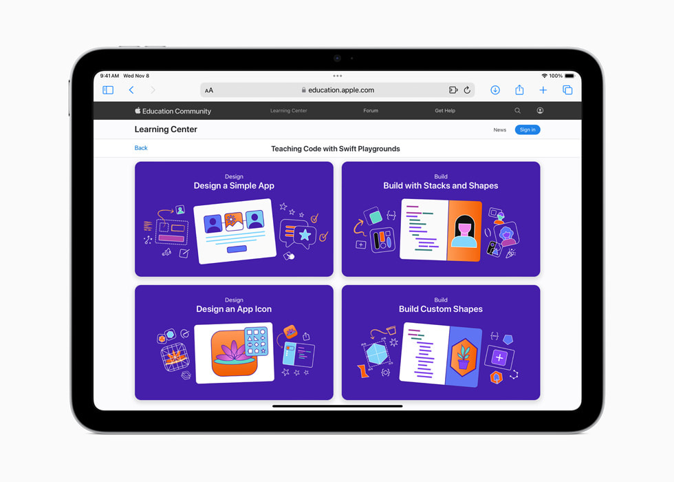 iPad 上显示四个“人人能编程”项目：设计一款简单 App、使用堆叠和图形构建、构建定制图形和设计 App 图标。