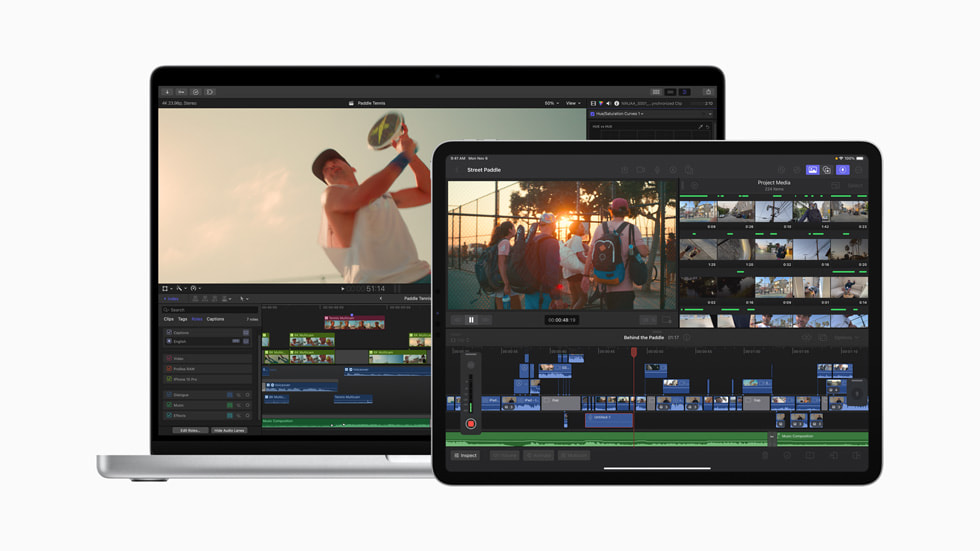 MacBook Pro 和 iPad 分别展示更新后的 Mac 与 iPad 版 Final Cut Pro。