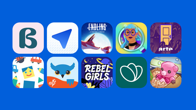上排從左至右：《Balance》、《Copilot》、《Endling》、《Finding Hannah》和《How to Say Goodbye》的 app 標誌。下排從左至右：《Pok Pok》、《Proloquo》、《Rebel Girls》、《Too Good To Go》和《Unpacking》的 app 標誌。