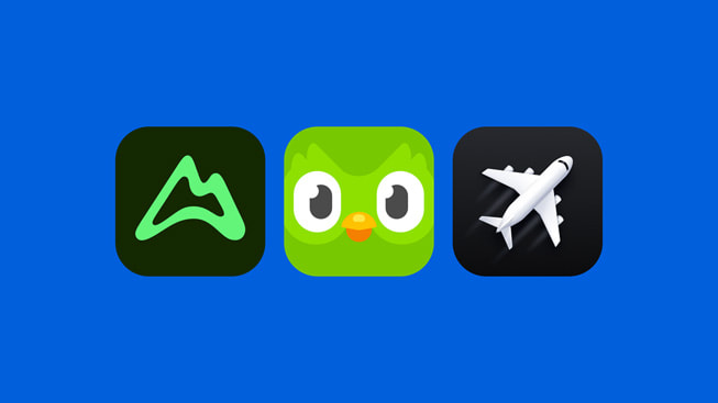 《AllTrails》《多邻国》和《Flighty》的 App 标志。