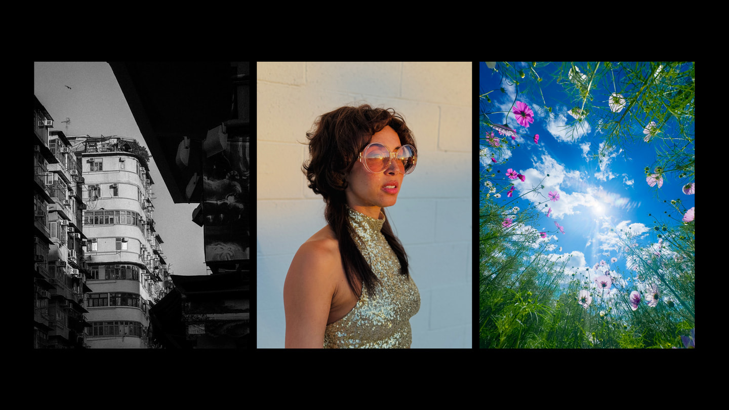 三张使用 iPhone 15 Pro Max 拍摄的照片：一张建筑物的黑白照片；一张戴墨镜、穿亮片裙的人像照；一张蓝天白云下花朵的照片。
