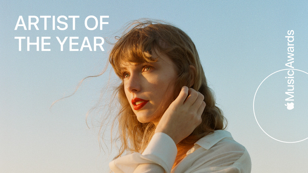 Taylor Swift 的照片，空白处有“Artist of the Year”（年度艺人），以及 Apple 标志和“Music Awards”（音乐奖）字样。 