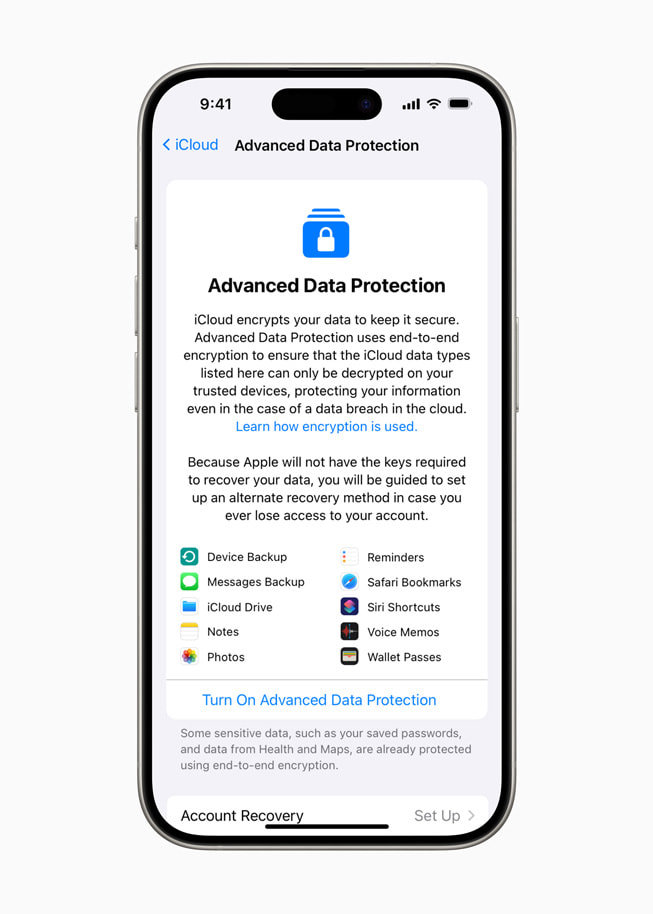 iPhone 15 Pro 提示用户开启增强数据保护。