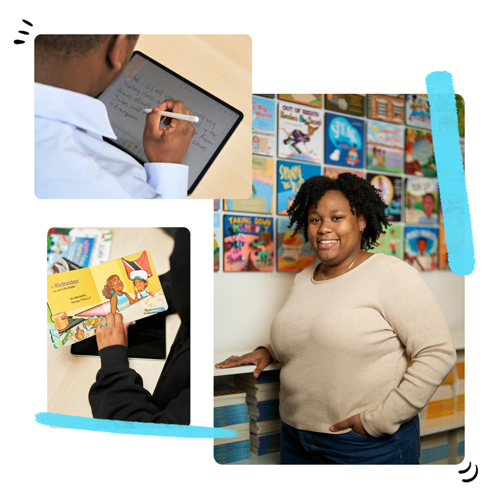一组三张照片：左上角是一个人在使用 Apple Pencil 和 iPad；左下角是一位参与者在翻阅硬板绘本；右侧是一位参与者站在 Shout Mouse 出版社出版的书籍前面。