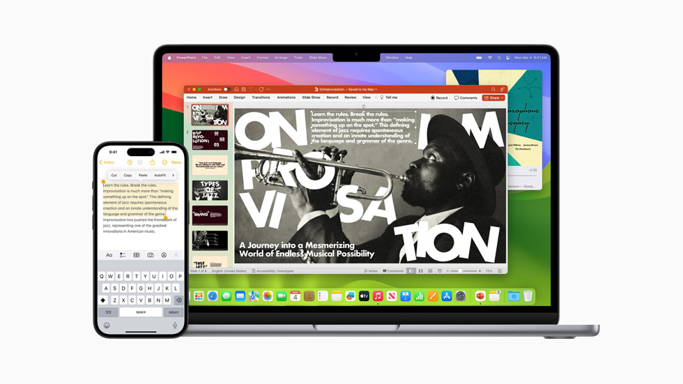 MacBook Air 配合 iPhone 15 Pro 展示连续互通功能，一位用户的 PowerPoint 项目同时呈现在两块屏幕上。
