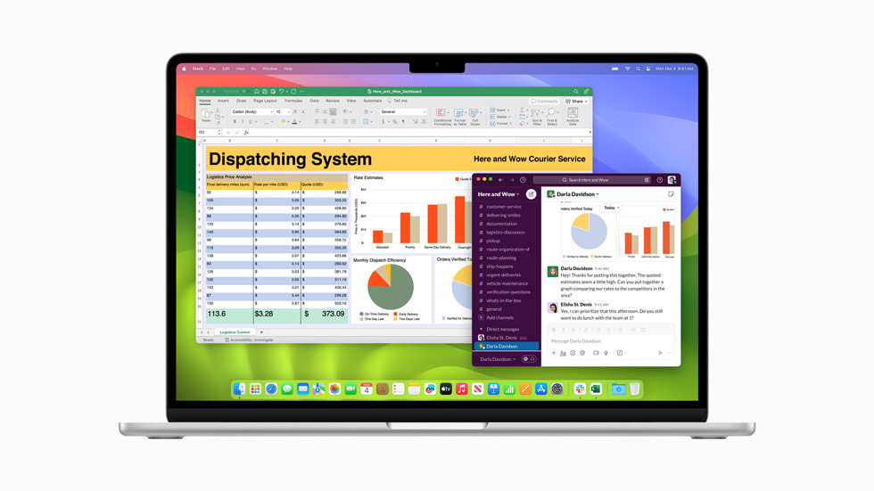 新款 MacBook Air 上显示 Excel 和 Slack 两款 app。