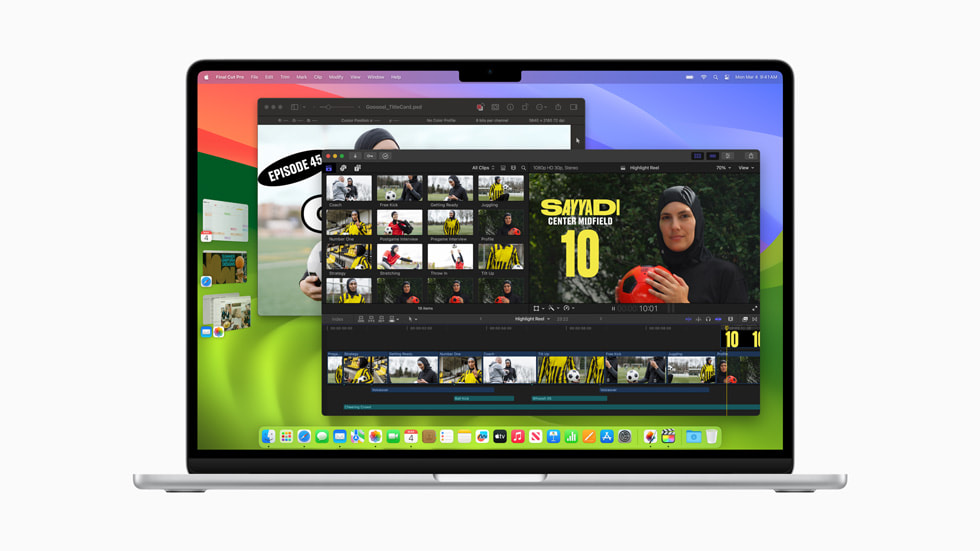 新款 MacBook Air 屏幕显示 Final Cut Pro、台前调度功能和 Pixelmator。