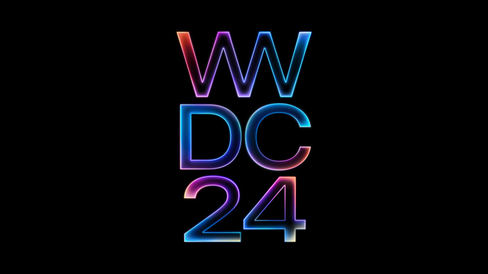 黑色背景上多彩金属色泽的 WWDC24 字样。